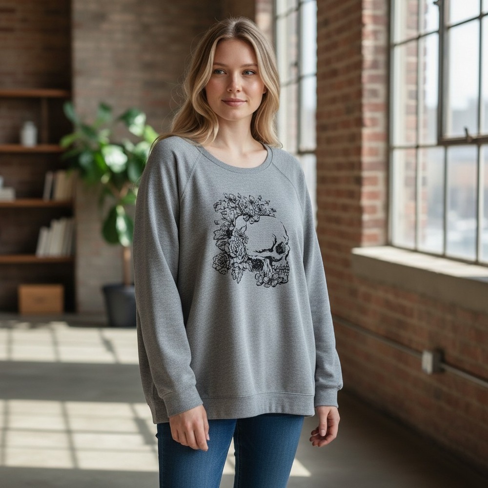 Torrid Womens Gray Floral Skull Graphic Sweatshirt Raglan Long Sleeve Plus 5 5X